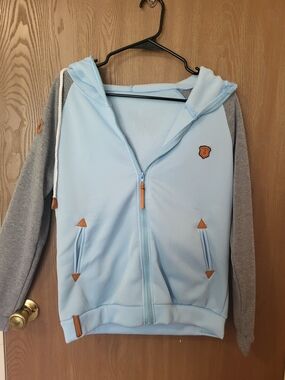 Light Blue & Gray Hooded Zip Jacket